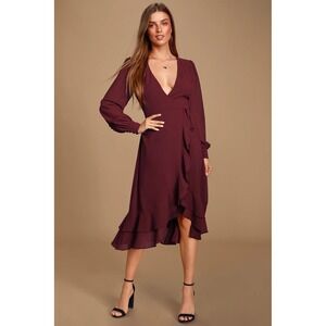 Lulus Sway Sweetly Burgundy Ruffled Midi Wrap Dress Size Medium